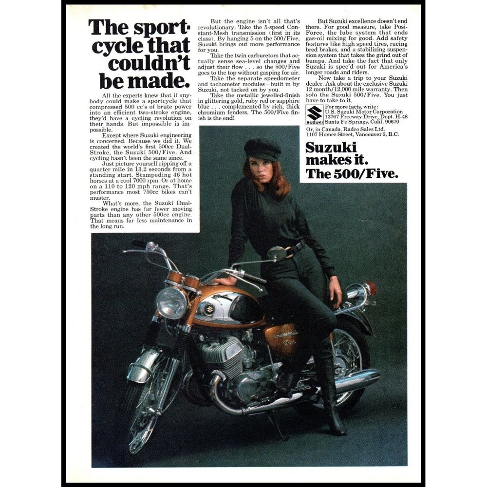 1968 Suzuki 500/Five Motorcycle Cruiser Bike Vintage Print Ad Redhead Wall Art